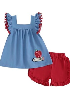 Blue Ruffle Sleeve Top & Red Ruffle Shorts Set - Apple Pencil Applique